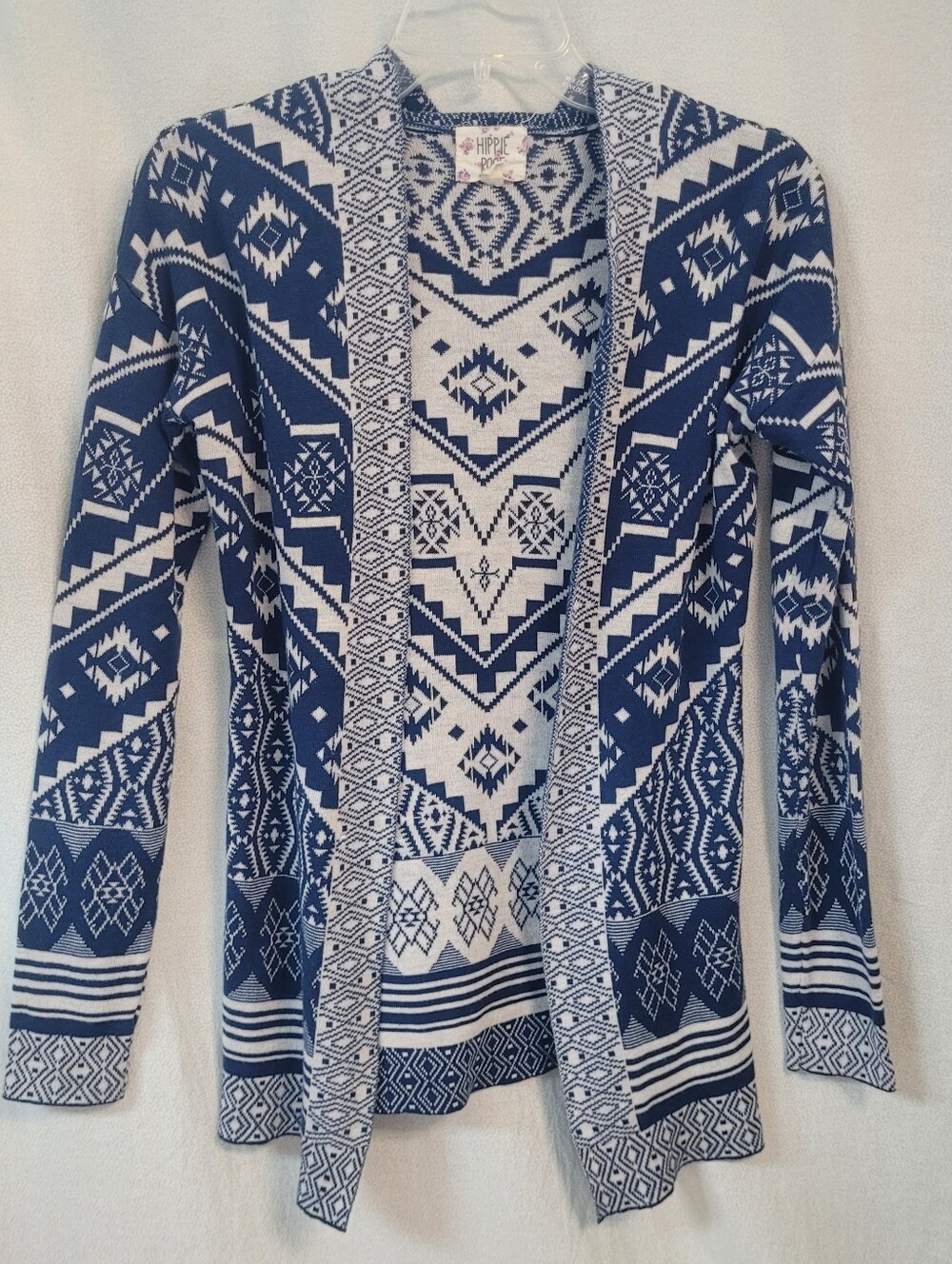 Hippie Rose Blue/ White Aztec Open-Front Cardigan Sweater, Woman's Small